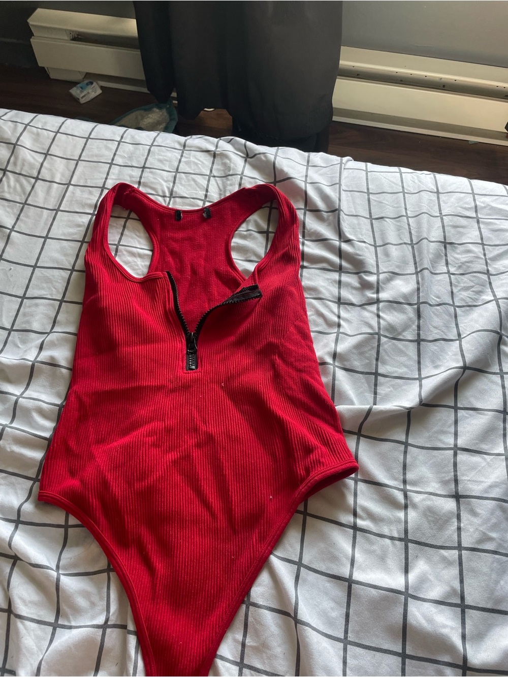 Red Ribbed Zip-Front Kids One-Piece Swimsuit